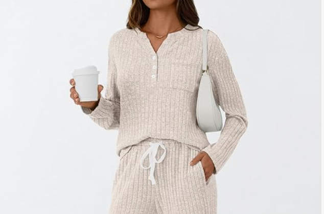  neutral-toned women’s lounge set folded for cozy everyday wear. 