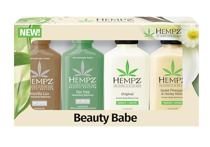 Hempz mini lotion bottles in assorted scents, vegan and cruelty-free skincare set 