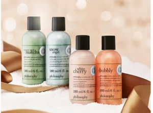 set of Philosophy shower gels with colorful labels for hydrating, vegan bath care 