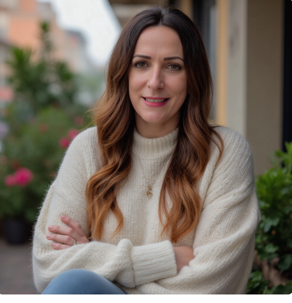 Blair Nicole outside in a cozy sweater. She helps organizations with corporate wellness programs and employee mental health programs